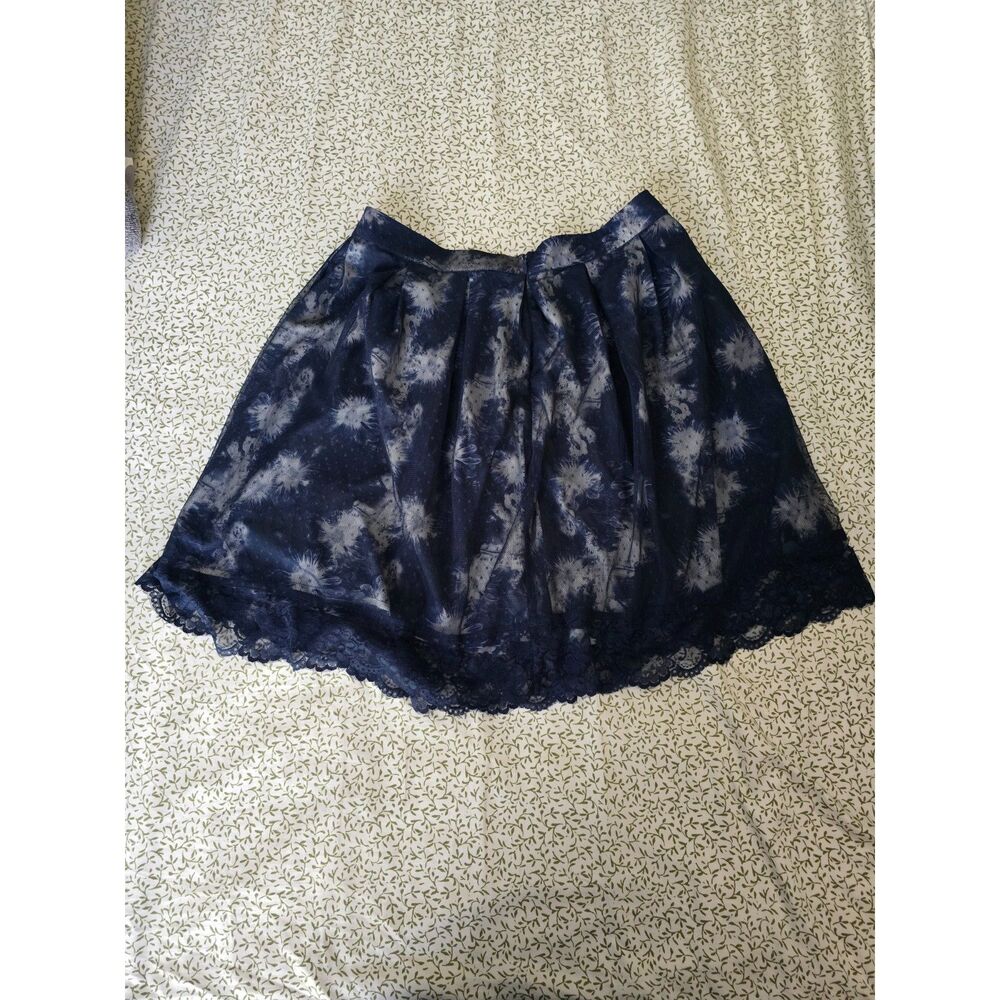 Navy Floral Lace-Trim Pleated Skirt